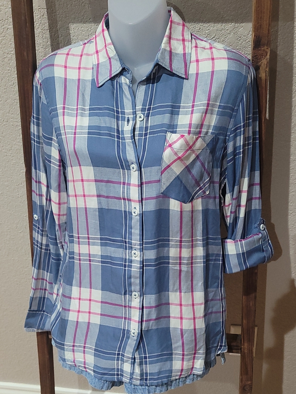 Woolrich Blue Plaid Button-Down Shirt with Pink Accents